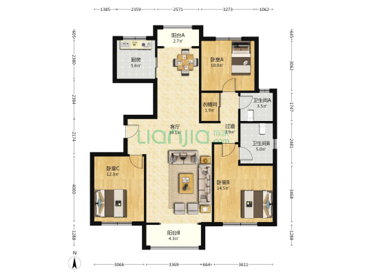 赵家滩村安置楼项目 3室1厅2卫 136平方