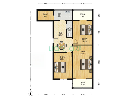 陕西省建筑总公司家属院 3室1厅1卫 77平方