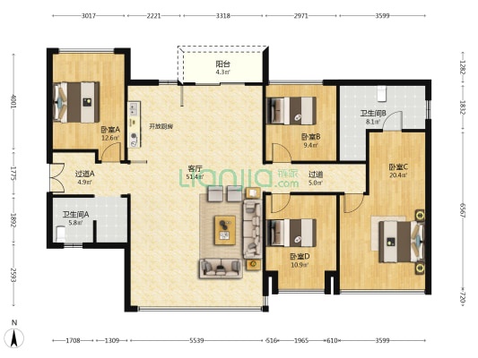 招商时代公园天樾境C区 4室1厅2卫 173平方