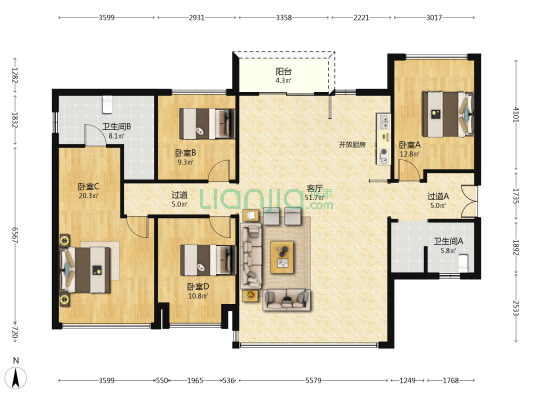 招商时代公园天樾境C区 4室1厅2卫 173平方