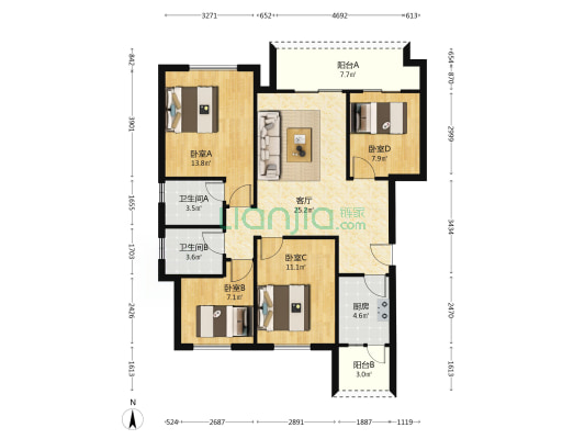 美好天赋 4室1厅2卫 98平方