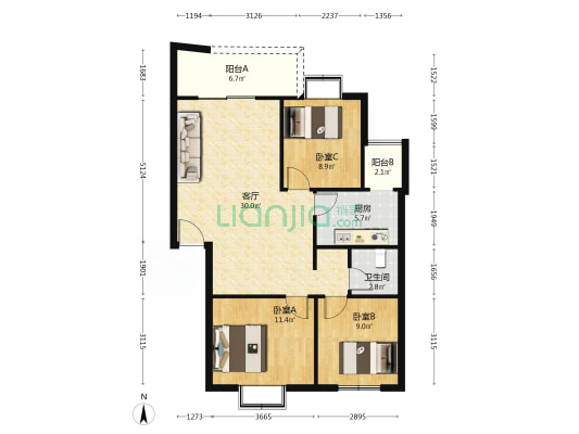 白鹤小区 3室1厅1卫 89平方