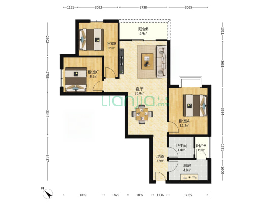 北延新居B区 3室1厅1卫 95平方