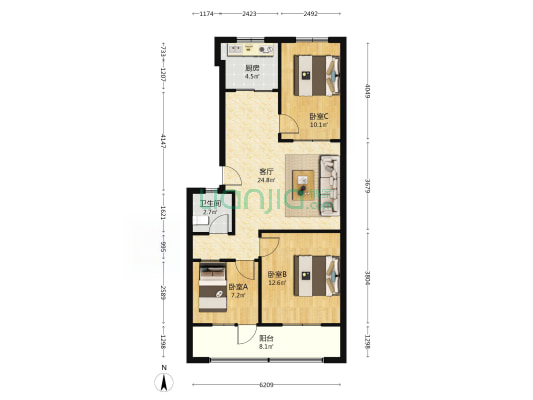 服装厂宿舍 3室1厅1卫 84平方