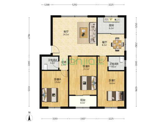 火车站二小区 3室2厅2卫 120平方