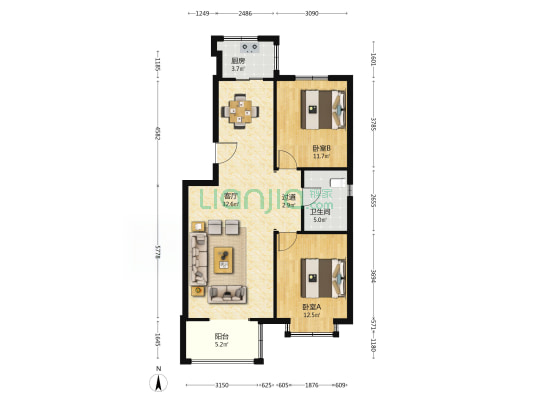朝阳花园北区 2室1厅1卫 92平方