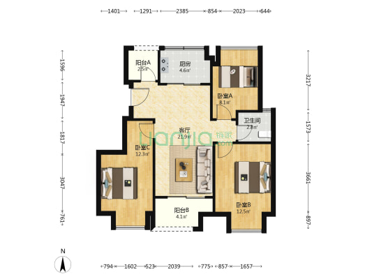 万科城市花园萃阅 3室1厅1卫 85平方