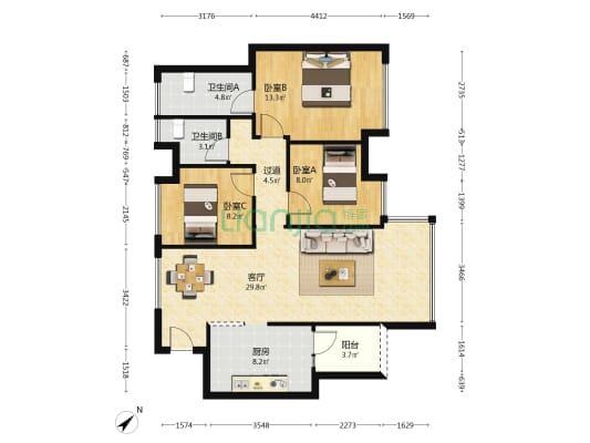 碧湖春天 3室1厅2卫 105平方