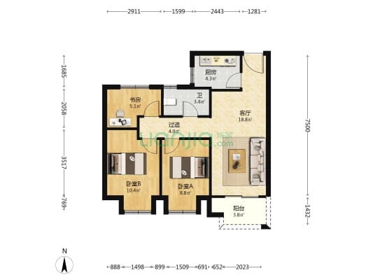 清旭雅苑 3室1厅1卫 77平方