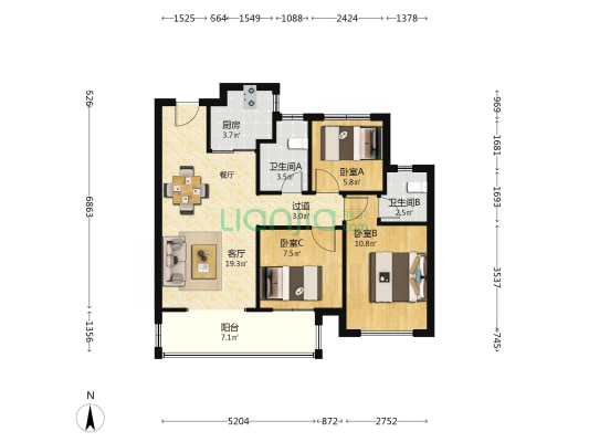 路劲·悦东园 3室1厅2卫 89平方
