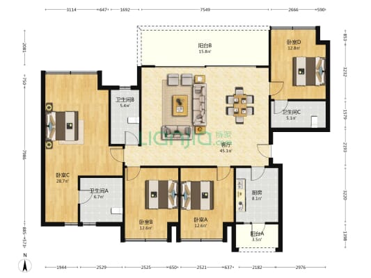 保利天珺伴溪 4室1厅3卫 174平方