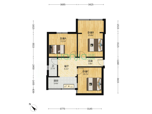 红花北路95号 3室1厅1卫 61平方