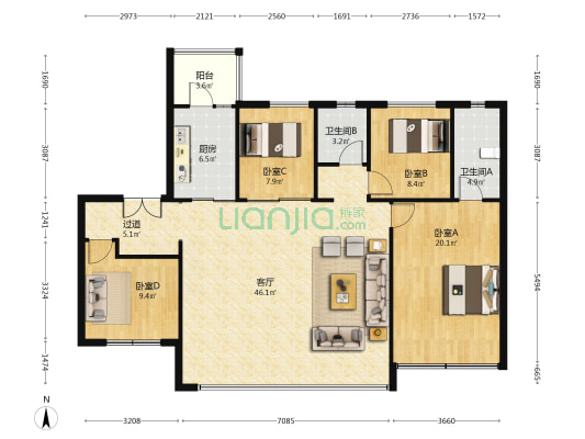 天健麓湖天境 4室1厅2卫 142平方