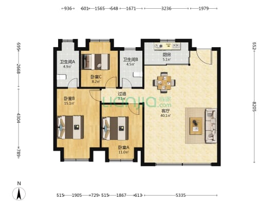 东望璟园 3室1厅2卫 129平方