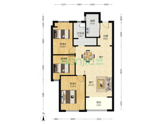 恺德熹园 3室1厅1卫 99平方