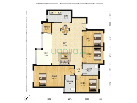 龙湖香港置地瑰雲里 4室1厅2卫 126平方