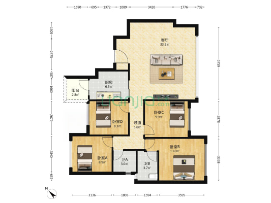 建发观唐映月北区 4室1厅2卫 127平方