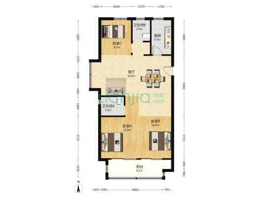 芳兰佳苑 3室1厅2卫 107平方
