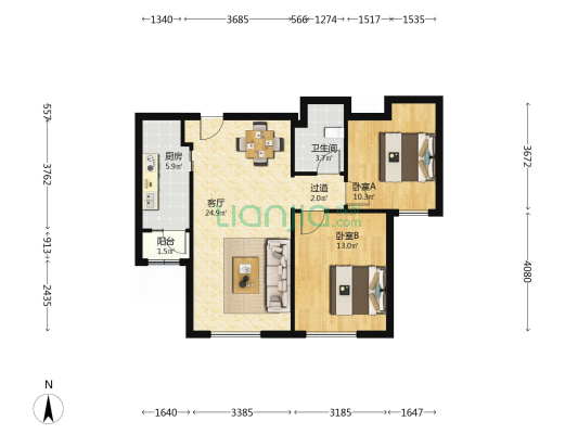 中国塘 2室1厅1卫 88平方