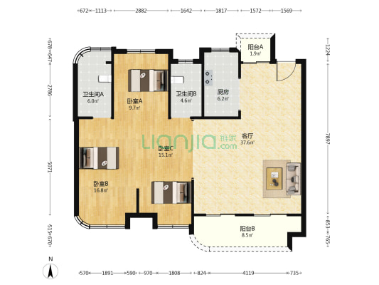 楚天都市蓝玉湾 3室1厅2卫 125平方