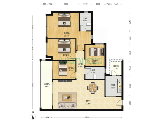 中海天府里天际一期 4室1厅2卫 140平方