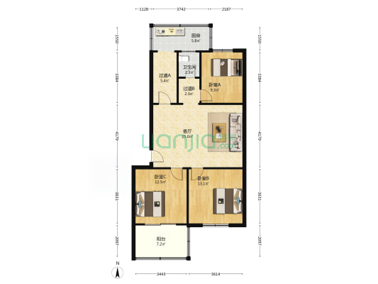 防疫路12号院 3室1厅1卫 96平方