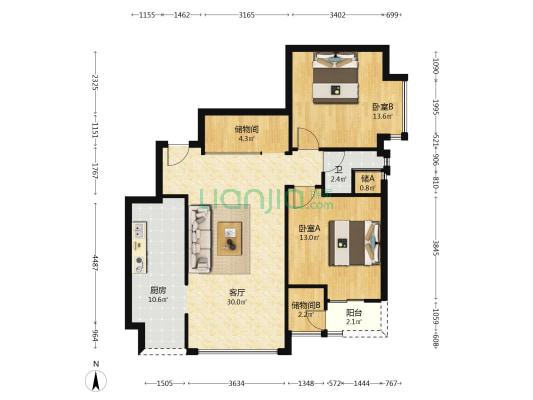 蜗居 2室1厅1卫 89平方
