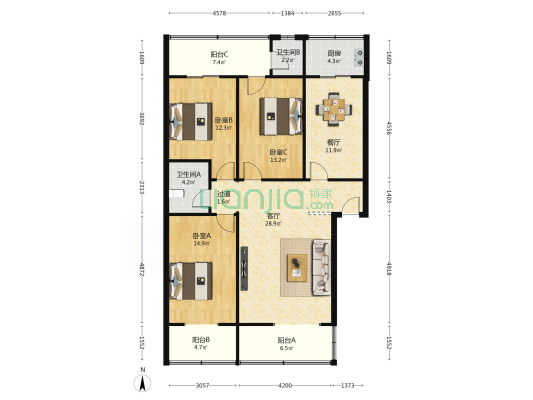 长安启迪小区 3室2厅2卫 135平方