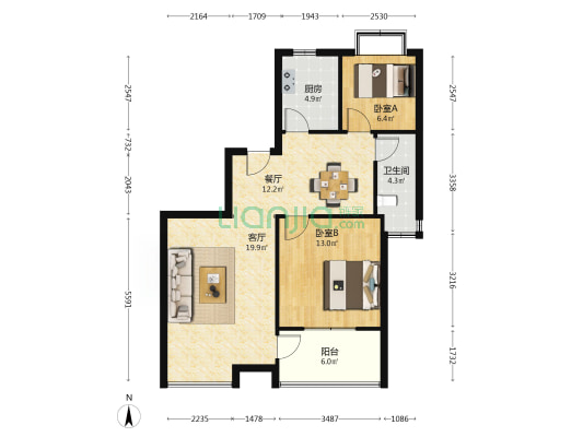 天熙公寓 2室2厅1卫 88平方