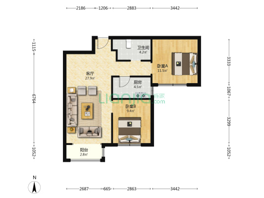 金隅金玉府 2室1厅1卫 92平方