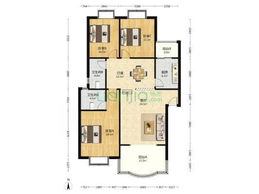 花园锦都 3室1厅2卫 123平方