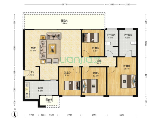 天恒傲云天府 4室1厅2卫 155平方