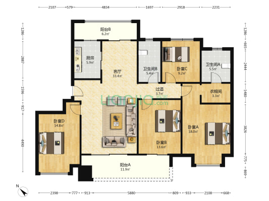 朗悦府静园 4室1厅2卫 154平方