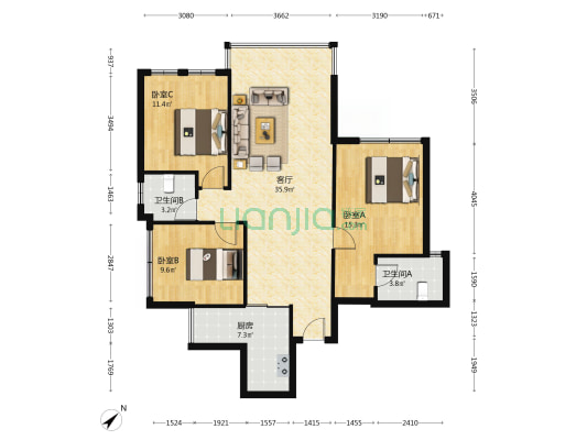紫郡府东区 3室1厅2卫 98平方