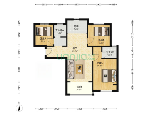 浩创城松苑 3室1厅2卫 89平方