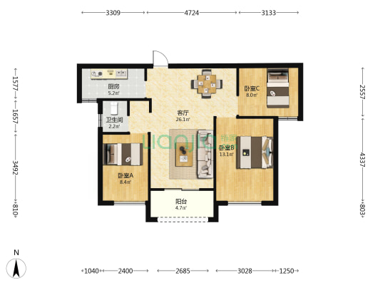 绿地香湖湾2号院 3室1厅1卫 88平方