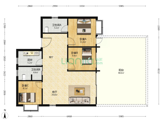 通威城市森林花园 3室1厅2卫 122平方