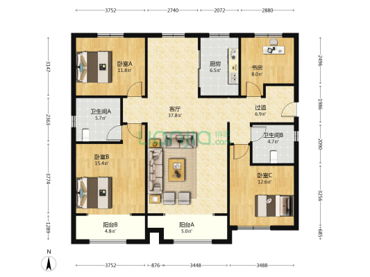 金色蓝庭东区 4室1厅2卫 162平方