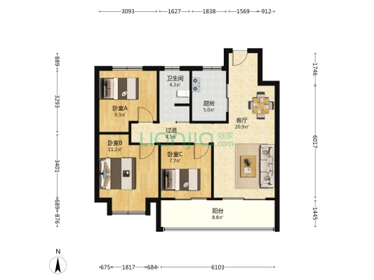 星耀都荟花园A区 3室1厅1卫 94平方