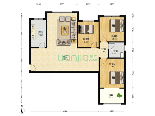 鑫泉花苑 3室1厅1卫 129平方