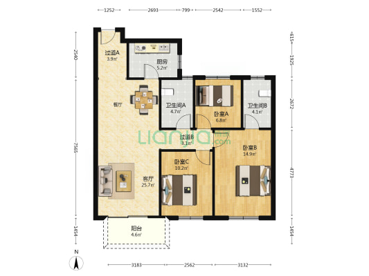 运河印象花园 3室1厅2卫 114平方