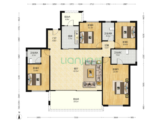 渝太润达丰悦蓉東方 4室1厅3卫 175平方