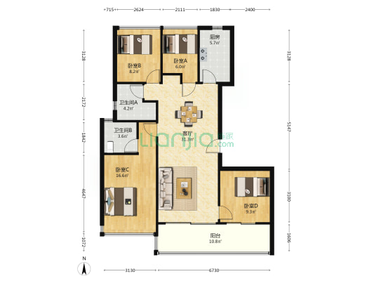 保利湖光悦色 4室1厅2卫 131平方