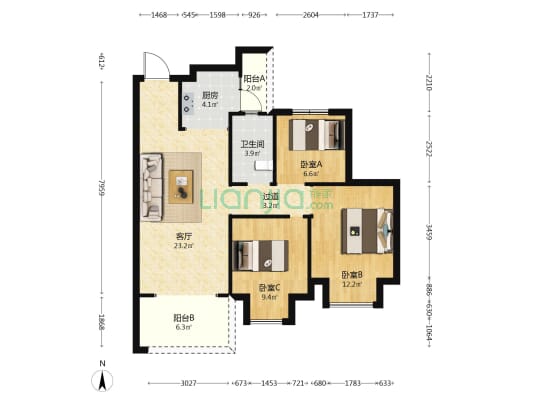 邦泰花园城 3室1厅1卫 89平方