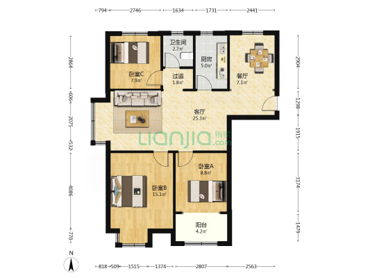 山居花园和苑 3室2厅1卫 106平方