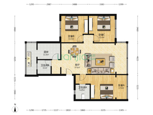 艺术家苑 3室1厅2卫 112平方
