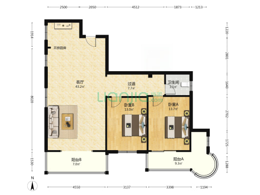 城市郦景 2室1厅1卫 108平方