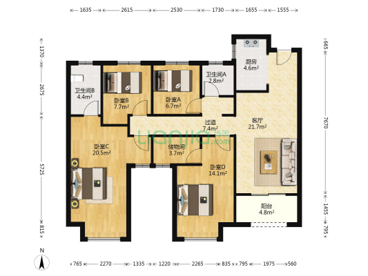 绿都澜湾梓园 4室1厅2卫 139平方