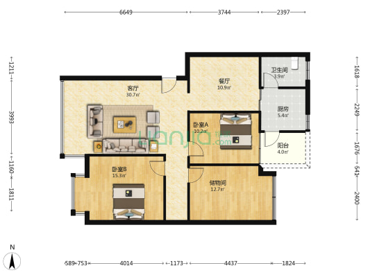 江南丽景 2室2厅1卫 109平方