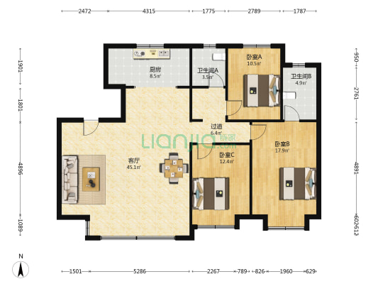 建投瑜园 3室1厅2卫 138平方
